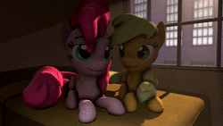 Size: 1280x720 | Tagged: safe, artist:goatcanon, applejack, pinkie pie, earth pony, pony, g4, 3d, animated, bed, bedroom, blinking, eye contact, eyes closed, female, lesbian, lidded eyes, looking at each other, mare, no sound, prone, ship:applepie, shipping, smiling, source filmmaker, webm, window