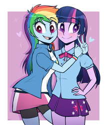 Size: 1231x1423 | Tagged: safe, artist:higglytownhero, rainbow dash, twilight sparkle, equestria girls, g4, blushing, clothes, eyebrows, eyebrows visible through hair, female, lesbian, looking at you, passepartout, peace sign, ship:twidash, shipping, skirt, smiling, teeth, wristband