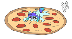 Size: 2000x1090 | Tagged: safe, artist:neoncel, oc, oc only, oc:raven mcchippy, pony, chibi, cute, eating, food, giant food, lying down, meat, noodles, pepperoni, pepperoni pizza, pizza, prone, solo, sploot