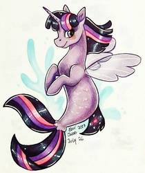 Size: 591x705 | Tagged: safe, artist:eeviart, twilight sparkle, alicorn, pony, seapony (g4), g4, my little pony: the movie, blushing, clothes, female, fin wings, fins, fish tail, flowing mane, flowing tail, horn, looking at you, mare, ocean, purple eyes, scales, seaponified, seapony twilight, see-through, signature, simple background, smiling, smiling at you, solo, species swap, swimming, tail, traditional art, underwater, water, wings