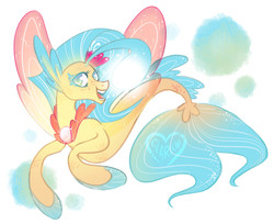 Size: 3231x2633 | Tagged: safe, artist:clarichi, princess skystar, seapony (g4), g4, my little pony: the movie, blue eyes, blue mane, blue tail, bubble, cute, digital art, dorsal fin, eyelashes, eyeshadow, female, fin, fin wings, fins, fish tail, flower, flower in hair, flowing mane, flowing tail, happy, high res, jewelry, looking at you, makeup, necklace, ocean, open mouth, pearl necklace, scales, signature, smiling, smiling at you, solo, swimming, tail, teeth, underwater, water, wings