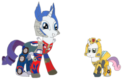 Size: 1859x1282 | Tagged: safe, artist:supahdonarudo, rarity, sweetie belle, forever filly, g4, bumblebee (transformers), clothes, cosplay, costume, optimus prime, simple background, transformers, transparent background, vector