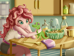 Size: 2888x2204 | Tagged: safe, artist:generalecchi, gummy, pinkie pie, equestria girls, g4, batter, breasts, clothes, food, high res, kitchen, mixer, shirt, shorts, spoon