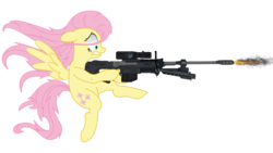 Size: 1920x1080 | Tagged: safe, artist:cmdraj, artist:yognaughtsteve, fluttershy, pegasus, pony, g4, cutie mark, female, gun, hooves, mare, optical sight, rifle, shooting, simple background, sniper rifle, solo, spread wings, teeth, transparent background, vector, weapon, wings