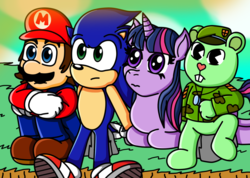 Size: 1024x730 | Tagged: safe, artist:renatodesenhista, twilight sparkle, g4, crossover, flippy, happy tree friends, male, mario, sonic the hedgehog, sonic the hedgehog (series), super mario bros., this will end in tears and/or death