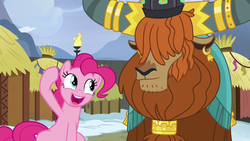Size: 1280x720 | Tagged: safe, screencap, pinkie pie, prince rutherford, earth pony, pony, yak, g4, not asking for trouble, crown, duo, ear piercing, earring, female, horn, horn ring, hut, jewelry, male, mare, piercing, regalia