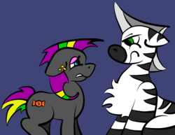 Size: 3300x2550 | Tagged: safe, artist:justanotherponyartblog, oc, oc only, oc:iron hoofs, oc:rare candy, earth pony, pony, zebra, chest fluff, high res, just another pony art blog, redesign, zebra oc