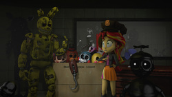 Size: 1920x1080 | Tagged: safe, sunset shimmer, equestria girls, g4, 3d, crossover, five nights at freddy's, five nights at freddy's 3, phantom balloon boy, phantom chica, phantom foxy, phantom freddy, phantom mangle, phantom puppet, red eyes, source filmmaker, springtrap