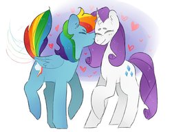 Size: 1019x784 | Tagged: safe, artist:utauchi, rainbow dash, rarity, pegasus, pony, unicorn, g4, cheek kiss, eyes closed, female, heart, kissing, lesbian, mare, ship:raridash, shipping