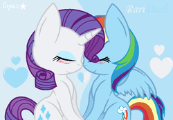 Size: 665x464 | Tagged: safe, artist:lopez765, rainbow dash, rarity, pegasus, pony, unicorn, g4, blushing, eyes closed, female, heart, lesbian, mare, nuzzling, ship:raridash, shipping, smiling