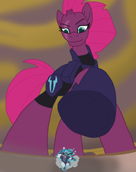 Size: 1700x2160 | Tagged: safe, artist:final7darkness, storm king, tempest shadow, pony, yeti, g4, my little pony: the movie, armor, broken horn, crush fetish, eye scar, female, fetish, fleeing, horn, mare, micro, revenge, running, scar, tempest's revenge, this will end in pain, underhoof