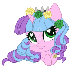 Size: 1024x1031 | Tagged: safe, artist:sk-ree, oc, oc only, oc:ivy lush, pony, unicorn, chibi, female, flower, flower in hair, heart eyes, mare, simple background, solo, transparent background, watermark, wingding eyes