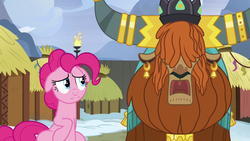 Size: 1280x720 | Tagged: safe, screencap, pinkie pie, prince rutherford, earth pony, pony, yak, g4, not asking for trouble, :c, crown, duo, ear piercing, earring, female, floppy ears, frown, horn, horn ring, hut, jewelry, male, mare, open mouth, piercing, regalia
