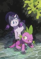 Size: 833x1194 | Tagged: safe, artist:edtropolis, rarity, spike, dragon, pony, unicorn, g4, :t, cave, duo, featured image, female, frown, lidded eyes, looking back, male, mare, raised eyebrow, sea urchin, smiling, water