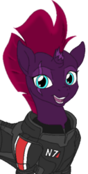 Size: 260x512 | Tagged: safe, artist:ethaes, artist:lucky stone, fizzlepop berrytwist, tempest shadow, pony, unicorn, g4, my little pony: the movie, armor, broken horn, colored, crossover, eye scar, female, horn, mare, mass effect, n7 armor, scar, simple background, smiling, solo, sticker, transparent background