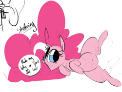 Size: 1645x1242 | Tagged: safe, artist:hattsy, pinkie pie, earth pony, pony, g4, belly button, cute, female, mare, on back, on side, solo