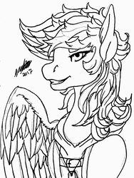 Size: 2176x2897 | Tagged: safe, artist:brainiac, oc, oc only, oc:morning glory (project horizons), pegasus, pony, amputee, black and white, bust, chest fluff, clothes, female, grayscale, high res, inktober, inktober 2017, jewelry, mare, missing limb, missing wing, monochrome, necklace, one winged pegasus, simple background, smiling, solo, stump, traditional art, white background