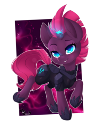 Size: 800x1079 | Tagged: safe, artist:teranen, tempest shadow, pony, unicorn, g4, my little pony: the movie, armor, broken, broken horn, colored pupils, cute, eye scar, female, horn, horseshoes, mare, scar, simple background, smiling, solo, sparking horn, tempestbetes, transparent background