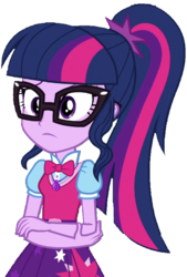Size: 443x654 | Tagged: safe, artist:thebar, sci-twi, twilight sparkle, equestria girls, equestria girls specials, g4, my little pony equestria girls: movie magic, bowtie, crossed arms, female, geode of telekinesis, glasses, jewelry, pendant, ponytail, simple background, solo, transparent background, worried