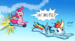 Size: 1180x645 | Tagged: safe, artist:pheeph, pinkie pie, rainbow dash, g4, secrets and pies, chase, eat my pie, food, missile, pie, sky, smoke trail, that pony sure does love pies