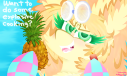 Size: 1000x600 | Tagged: safe, oc, oc only, earth pony, pony, blue background, chest fluff, clothes, colored pupils, dialogue, ear fluff, female, fluffy, food, goggles, hoof hold, lighter, looking at you, mare, pineapple, sharp teeth, signature, simple background, socks, solo, string, teeth