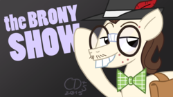 Size: 1920x1080 | Tagged: safe, artist:coaldustthestrange, gizmo, earth pony, pony, g4, acne, bowtie, bucktooth, facial hair, glasses, gray background, hat, male, saddle bag, simple background, solo, stallion, the brony show, trilby