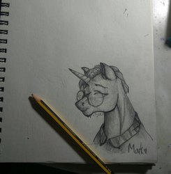 Size: 1057x1080 | Tagged: safe, artist:kamorkakat, oc, oc only, horse, pony, unicorn, bust, clothes, eyes closed, glasses, grayscale, monochrome, pencil drawing, portrait, smiling, solo, traditional art