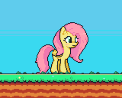 Size: 480x384 | Tagged: safe, artist:biel56789, derpibooru exclusive, fluttershy, pegasus, pony, game:spike's quest, g4, alternate hairstyle, blushing, cute, female, idle, pixel art, shyabetes, sky, solo