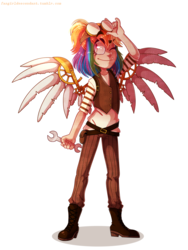 Size: 2448x3264 | Tagged: safe, artist:fangirldescendant, rainbow dash, human, g4, artificial wings, augmented, clothes, female, goggles, high res, humanized, mechanical wing, one eye closed, smiling, solo, steampunk, wings, wink, wrench