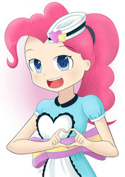 Size: 1024x1448 | Tagged: safe, artist:zoxriver503, pinkie pie, human, coinky-dink world, equestria girls, g4, my little pony equestria girls: summertime shorts, clothes, female, gradient background, heart hands, human coloration, humanized, open mouth, server pinkie pie, solo, waitress