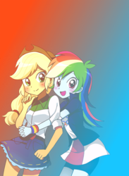 Size: 800x1093 | Tagged: safe, artist:ponez-always, artist:ryuu, edit, applejack, rainbow dash, equestria girls, g4, blushing, clothes, female, gradient background, happy, hug, lesbian, looking at you, looking back, open mouth, ship:appledash, shipping, skirt, smiling