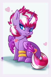 Size: 1024x1536 | Tagged: safe, artist:csox, oc, oc only, oc:magic meat, alicorn, pony, alicorn oc, bracelet, chibi, colored wings, gradient wings, heart, jewelry, male, necklace, sitting, solo, sparkles