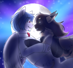 Size: 1024x953 | Tagged: safe, artist:blackblood-queen, oc, oc only, oc:casey bleu, oc:rasta jam, bat pony, pegasus, pony, bat pony oc, bleujam, couple, fangs, female, full moon, husband and wife, looking at each other, male, mare, married couple, moon, oc x oc, shipping, stallion, straight