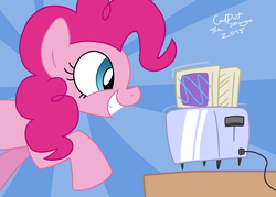 Size: 1400x1000 | Tagged: safe, artist:coaldustthestrange, pinkie pie, earth pony, pony, g4, abstract background, female, food, mare, poptart, signature, solo, toaster