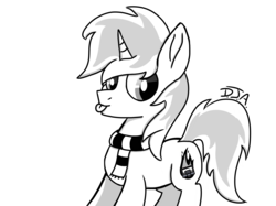 Size: 3048x2280 | Tagged: safe, artist:deejayarts, oc, oc only, oc:mixtape fire, pony, unicorn, :p, black and white, clothes, grayscale, high res, male, monochrome, scarf, simple background, solo, stallion, tongue out, white background