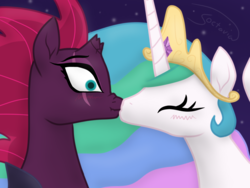 Size: 2000x1500 | Tagged: safe, artist:soctavia, fizzlepop berrytwist, princess celestia, tempest shadow, alicorn, pony, unicorn, g4, my little pony: the movie, blushing, broken horn, crown, duo, female, horn, jewelry, kiss on the lips, kissing, lesbian, mare, regalia, shipping, simple background, surprise kiss, surprised, tempestia