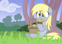 Size: 1400x1000 | Tagged: safe, artist:coaldustthestrange, derpy hooves, g4, basket, cloud, cutie mark, female, food, grass, muffin, rock, solo, tree