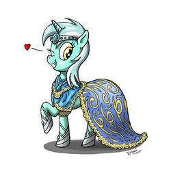 Size: 1683x1666 | Tagged: safe, artist:kh0nan, lyra heartstrings, pony, unicorn, g4, clothes, dress, female, gala dress, heart, jewelry, mare, necklace, one eye closed, raised hoof, sexy, solo, tiara, wink