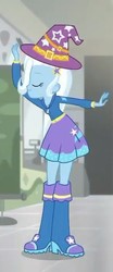 Size: 300x720 | Tagged: safe, screencap, trixie, equestria girls, g4, good vibes, my little pony equestria girls: summertime shorts, boots, clothes, cropped, eyes closed, female, hat, hoodie, shoes, skirt, solo, trixie's hat