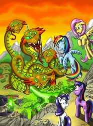 Size: 2490x3360 | Tagged: safe, artist:kh0nan, fluttershy, rainbow dash, rarity, twilight sparkle, hydra, pegasus, pony, unicorn, g4, angry, butt, destruction, female, forest, high res, mare, mountain, multiple heads, plot, scenery, town