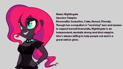 Size: 900x506 | Tagged: dead source, safe, artist:wubcakeva, oc, oc only, oc:nightingale, vampire, equestria girls, g4, clothes, equestria girls-ified, female, not tempest shadow, see-through, simple background, smiling, solo