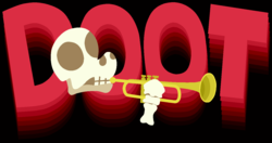 Size: 1316x694 | Tagged: safe, artist:threetwotwo32232, skeleton pony, 2spooky, black background, bone, doot, hoof hold, musical instrument, parody, simple background, skeleton, skull, solo, trumpet