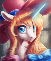 Size: 1024x1219 | Tagged: safe, artist:icerrhythm, oc, oc only, pony, unicorn, bust, commission, female, hat, looking at you, mare, portrait, smiling, solo, watermark
