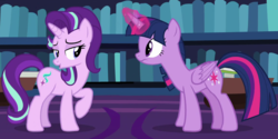 Size: 1160x580 | Tagged: safe, edit, edited screencap, screencap, starlight glimmer, twilight sparkle, alicorn, pony, fame and misfortune, g4, book, cropped, duckface, duo, duo female, female, frown, looking at each other, magic, raised hoof, sassy, table, twilight sparkle (alicorn), twilight's castle, twilight's castle library, wide eyes