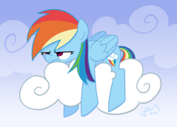 Size: 5600x4000 | Tagged: safe, artist:coaldustthestrange, rainbow dash, pegasus, pony, g4, cloud, female, frown, grumpy, on a cloud, signature, solo