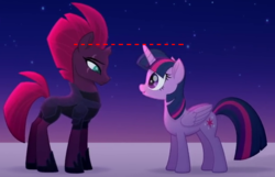 Size: 610x392 | Tagged: safe, edit, edited screencap, screencap, tempest shadow, twilight sparkle, alicorn, pony, unicorn, g4, my little pony: the movie, armor, concave belly, eye contact, eye scar, facial scar, female, folded wings, height difference, hoof shoes, looking at each other, mare, physique difference, princess shoes, scar, size comparison, slender, tall, tempest shadow is tall, thin, twilight sparkle (alicorn), wings