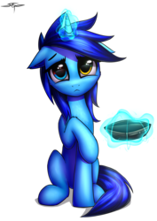 Size: 2480x3508 | Tagged: safe, artist:setharu, oc, oc only, oc:windows 8, pony, unicorn, :<, female, floppy ears, glowing horn, heterochromia, high res, horn, looking at you, looking up, looking up at you, magic, mare, signature, simple background, sitting, solo, telekinesis, transparent background, wallet
