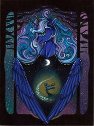 Size: 640x853 | Tagged: safe, artist:dany-the-hell-fox, princess luna, alicorn, earth pony, pony, g4, crescent moon, dream, female, lidded eyes, mare, moon, night, protecting, stars, traditional art, transparent moon
