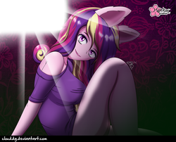 Size: 1235x1000 | Tagged: safe, artist:clouddg, dean cadance, princess cadance, equestria girls, g4, breasts, clothes, female, light, looking at you, pony ears, sexy, signature, smiling, solo