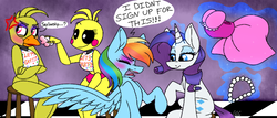 Size: 2095x899 | Tagged: safe, artist:ggchristian, rainbow dash, rarity, pony, g4, chica, clothes, crossover, dress, five nights at freddy's, forced makeover, jewelry, lipstick, magic, necklace, pearl necklace, puffy sleeves, rainbow dash always dresses in style, toy chica